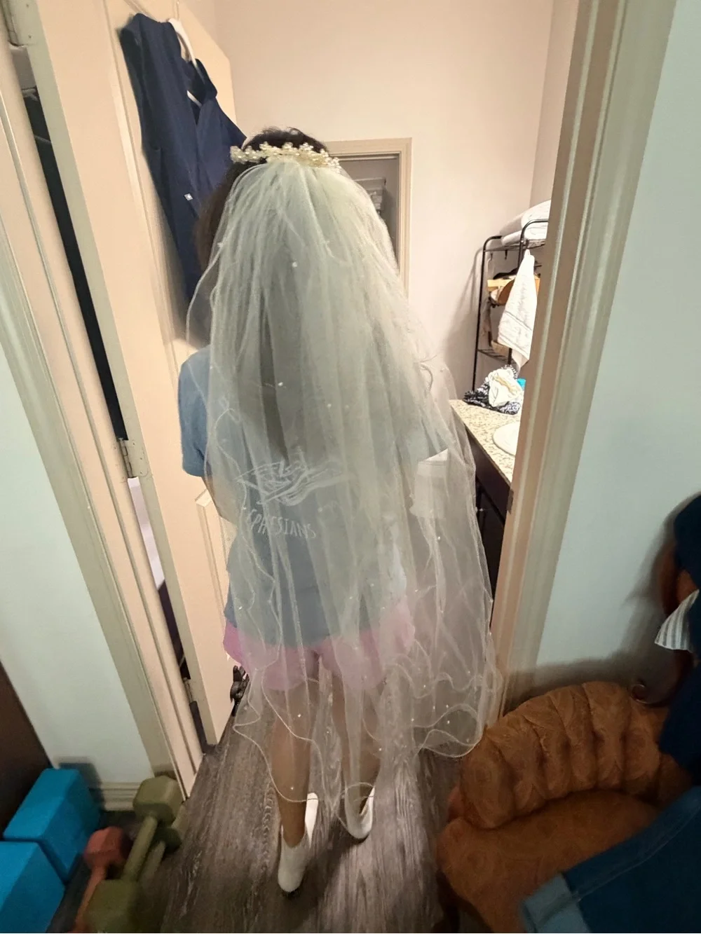 Ivory Pearl-Accented Bridal Veil with Decorative Tiara